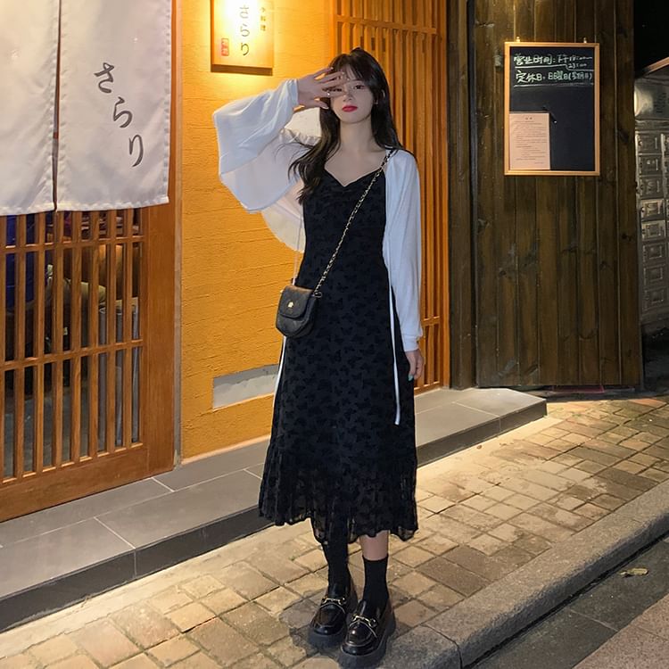 Moon City - Spaghettibandjes Midi A-lijn Jurk / Camisole Top / Lichtgewicht Cardigan