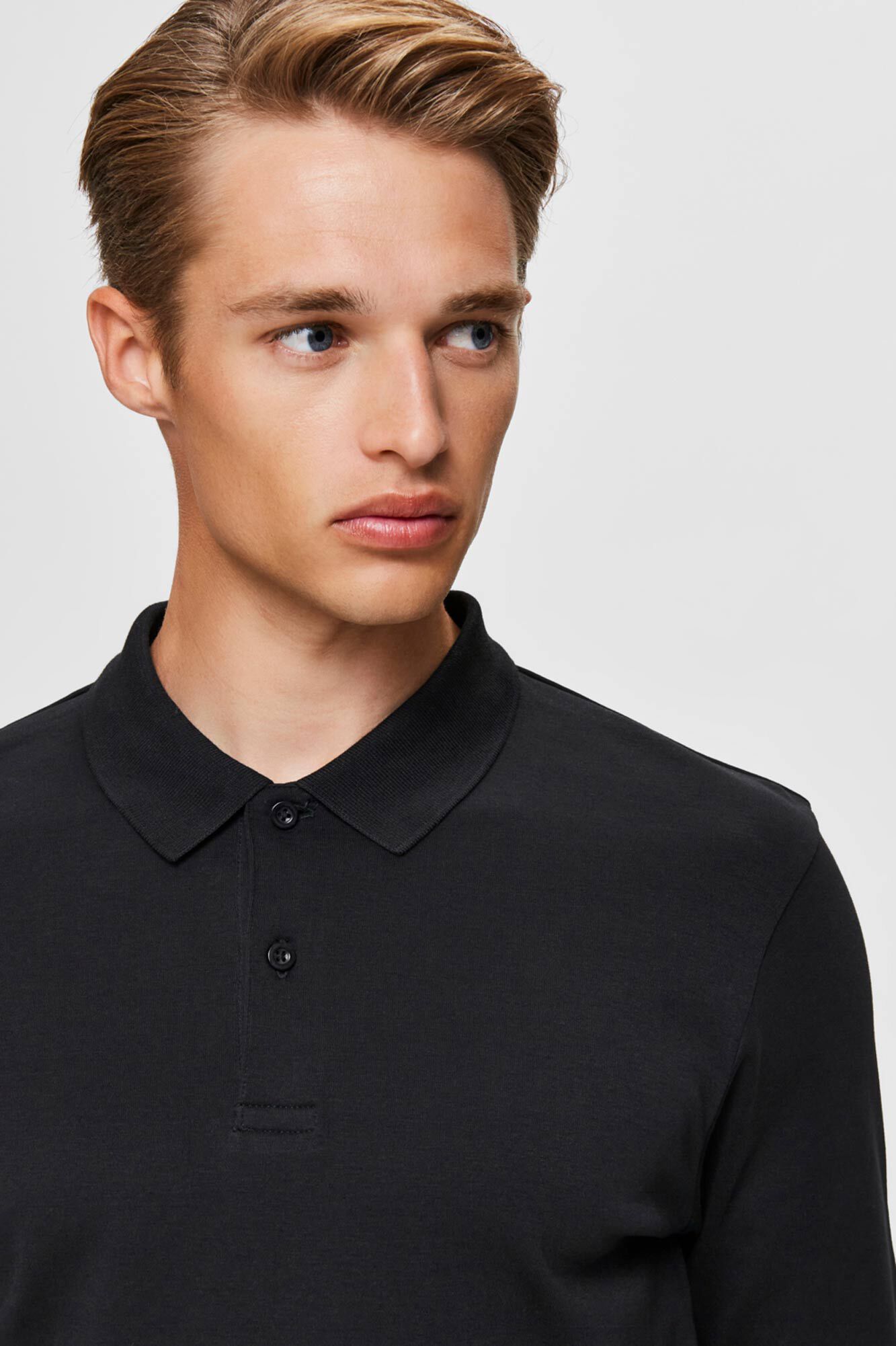 Camisa polo de manga comprida em algodão orgânico - Preta