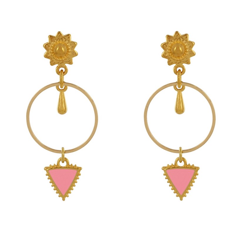 Boucles d'Oreilles Laiton Doré Cercle Goutte et Triangle Émaillé