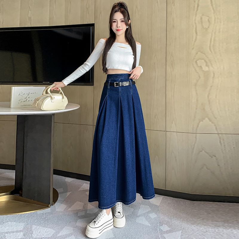 Frigga - Gewassen geplooide maxi-A-lijn denim rok met hoge taille en riem