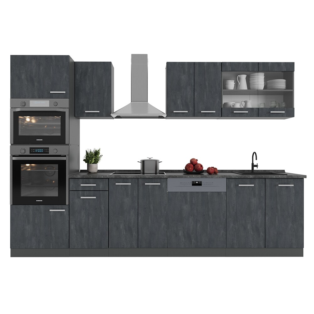 Vicco Küchenzeile R-Line 300 cm Schwarz Beton Anthrazit mit Arbeitsplatte Weiß-Marmor