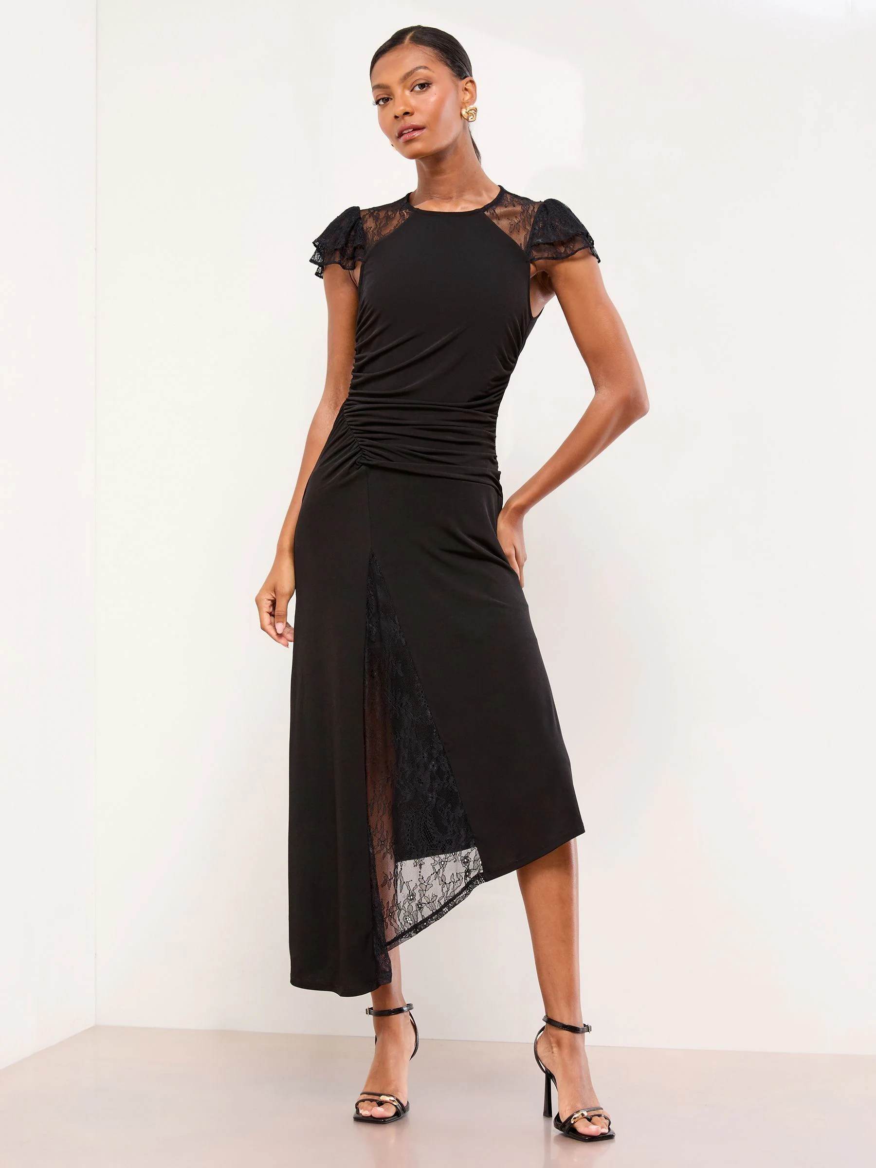 Lipsy Lace Insert Ruched Asymmetrical Fit And Flare Midi Dress