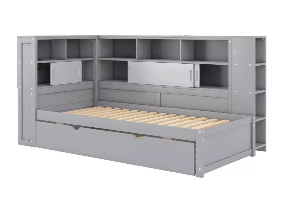 Lit gigogne en bois 90x200cm avec Ports de charge USB - entouré d'un cercle de rangements - Gris