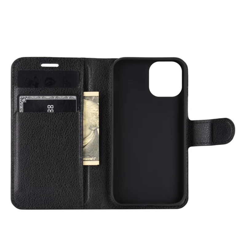 iPhone 12 Mini Leder Tasche Flip Cover Litchi Look - Schwarz