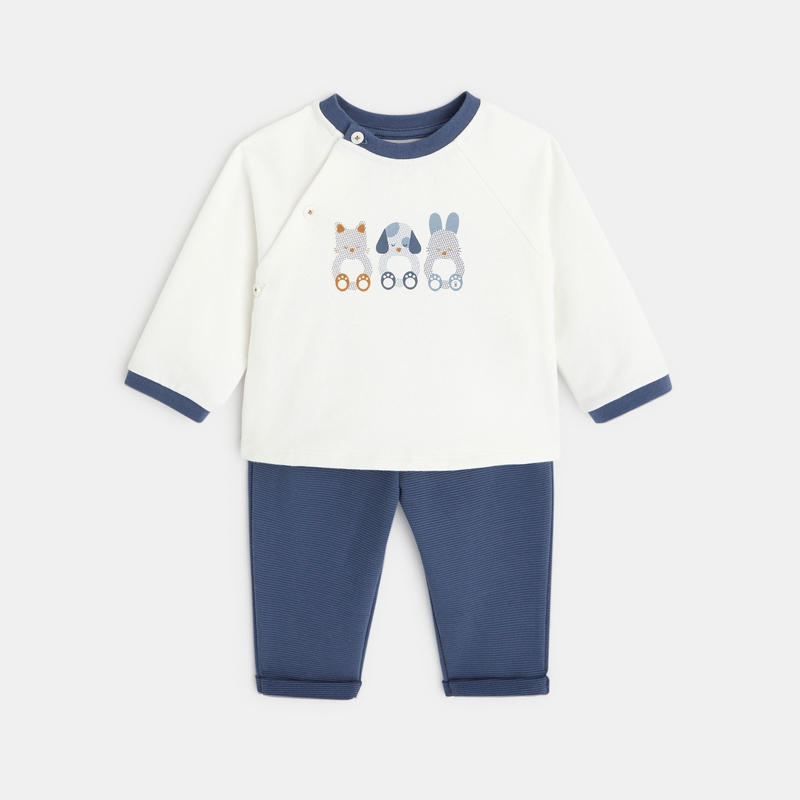 Sweat molleton et pantalon maille côtelée bleu naissance