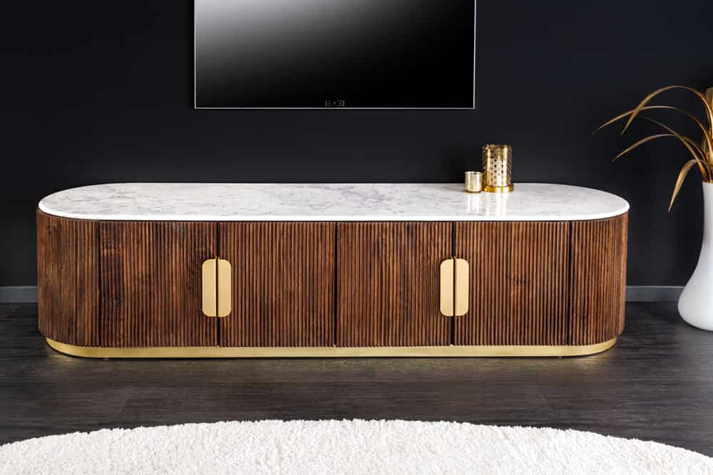 Design TV-Board GATSBY 170cm braun gold Mangoholz weiße Marmorplatte Lowboard
