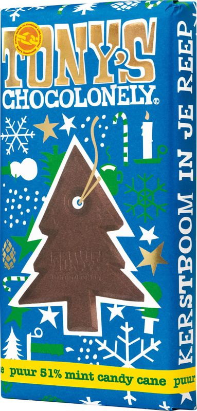 Tony's Chocolonely - Kerstboom Chocolade - Pure Chocolade met Mint Candy - 1 x 180 Gram