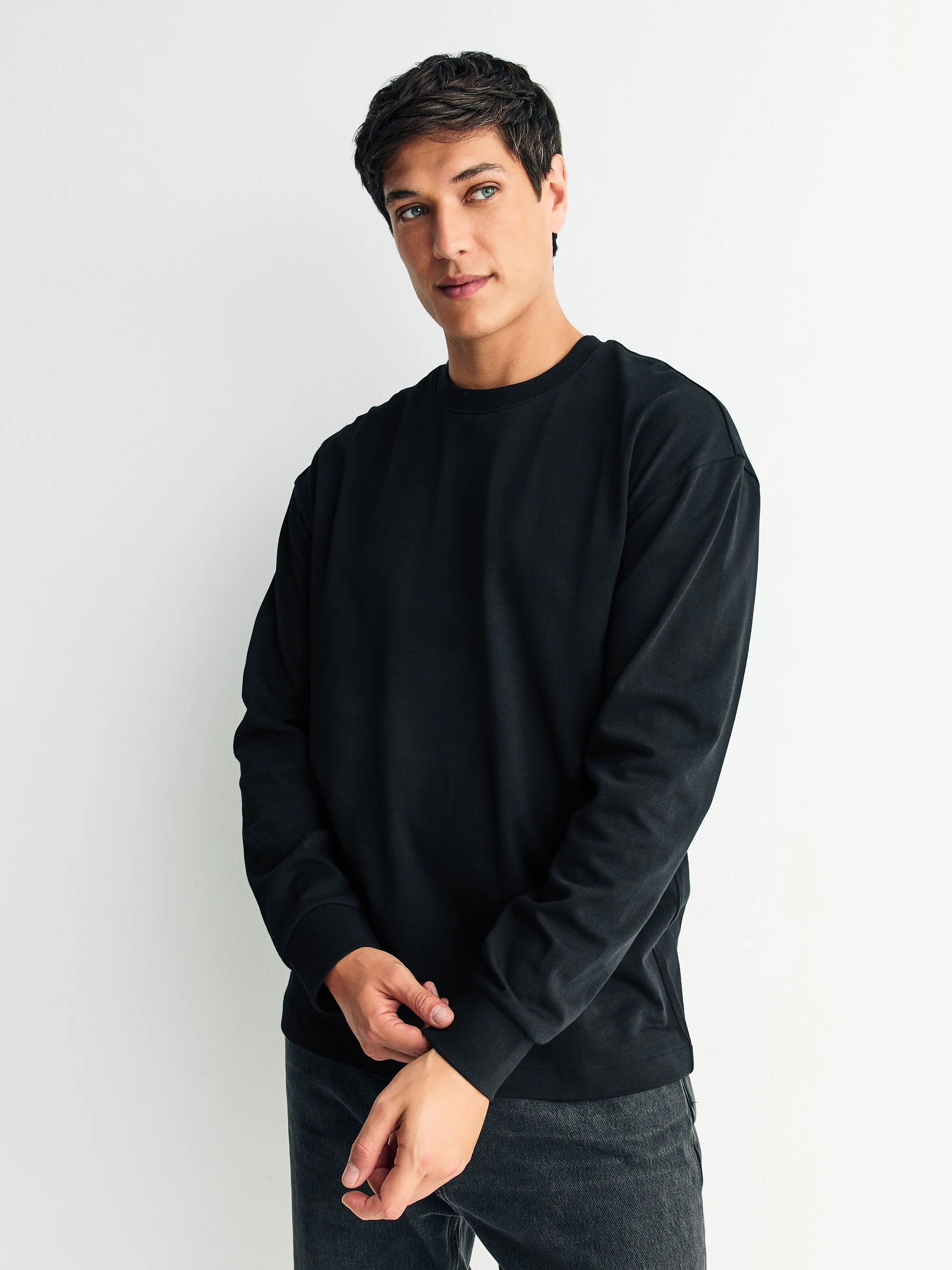 Zwart / grijs gemêleerd / marineblauw - Set van 3 ruimvallende, zwaargewicht 100% katoenen T-Shirts met lange mouwen
