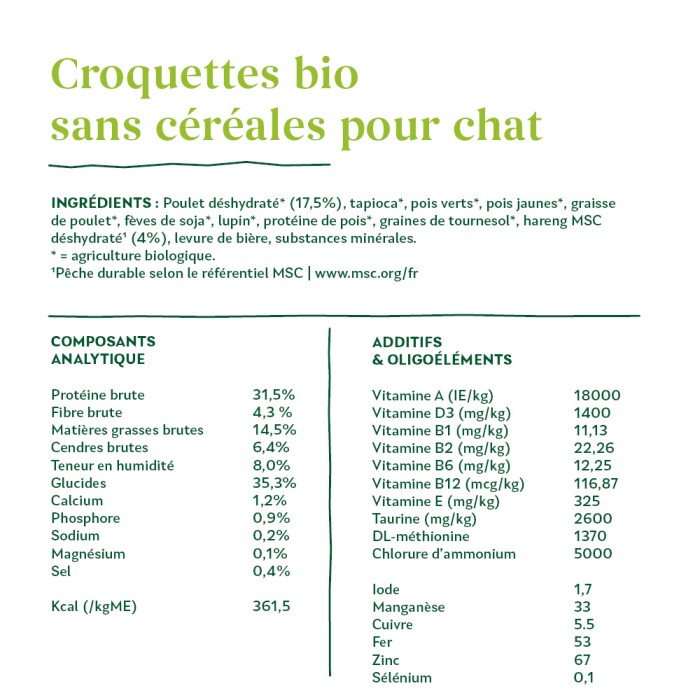 Yarrah croquettes bio sans céréales pour chat adulte