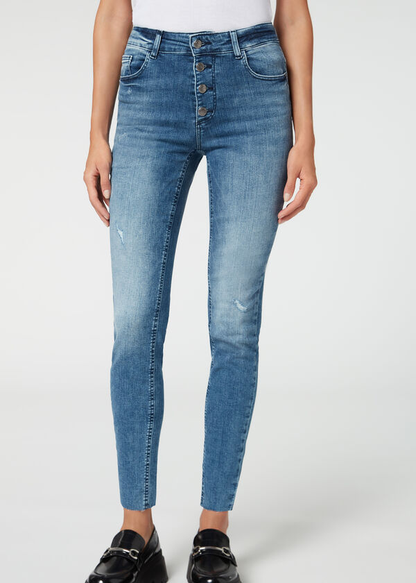 Calça jeans super skinny com botões
