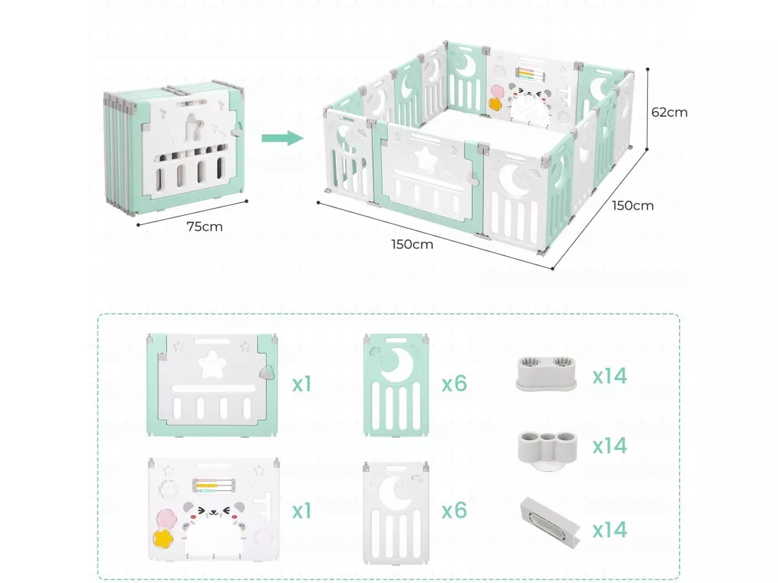 Parc Bébé 12+2 Panneaux,Barrière de Sécurité Portail,Grille de Protection en Plastiqu Ecologiques,150x150x62cm - Vert