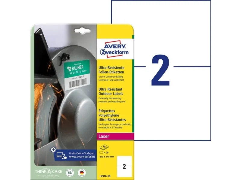 Avery L7916-10 - Polyethylen (PE) - permanent klæbemiddel - hvid - A5 (148 x 210 mm) 20 etikette(r) (10 rulle(r) x 2) filmmærkater