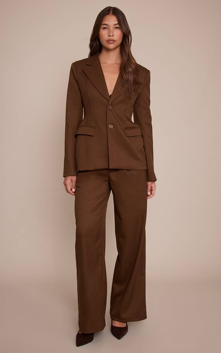 Chocolat Ensemble Coordonné Blazer Cintré À La Taille Avec Décolleté Plongeant En Tissu Tissé Ajusté