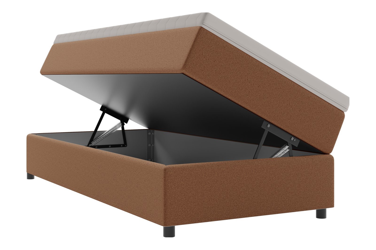 Premium 10 oppbevaringsseng 120x200 cm Magasinseng med oppbevaring, åpnes fra siden. I tekstil storm 54 tan, med fast fasthetsgrad og premium 10 overmadrass,sorte ben. Sengegavl selges separat.