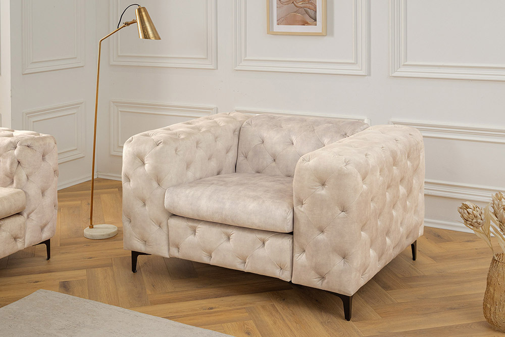 Design Chesterfield Sessel MODERN BAROCK 120cm champagner beige Samt Federkern