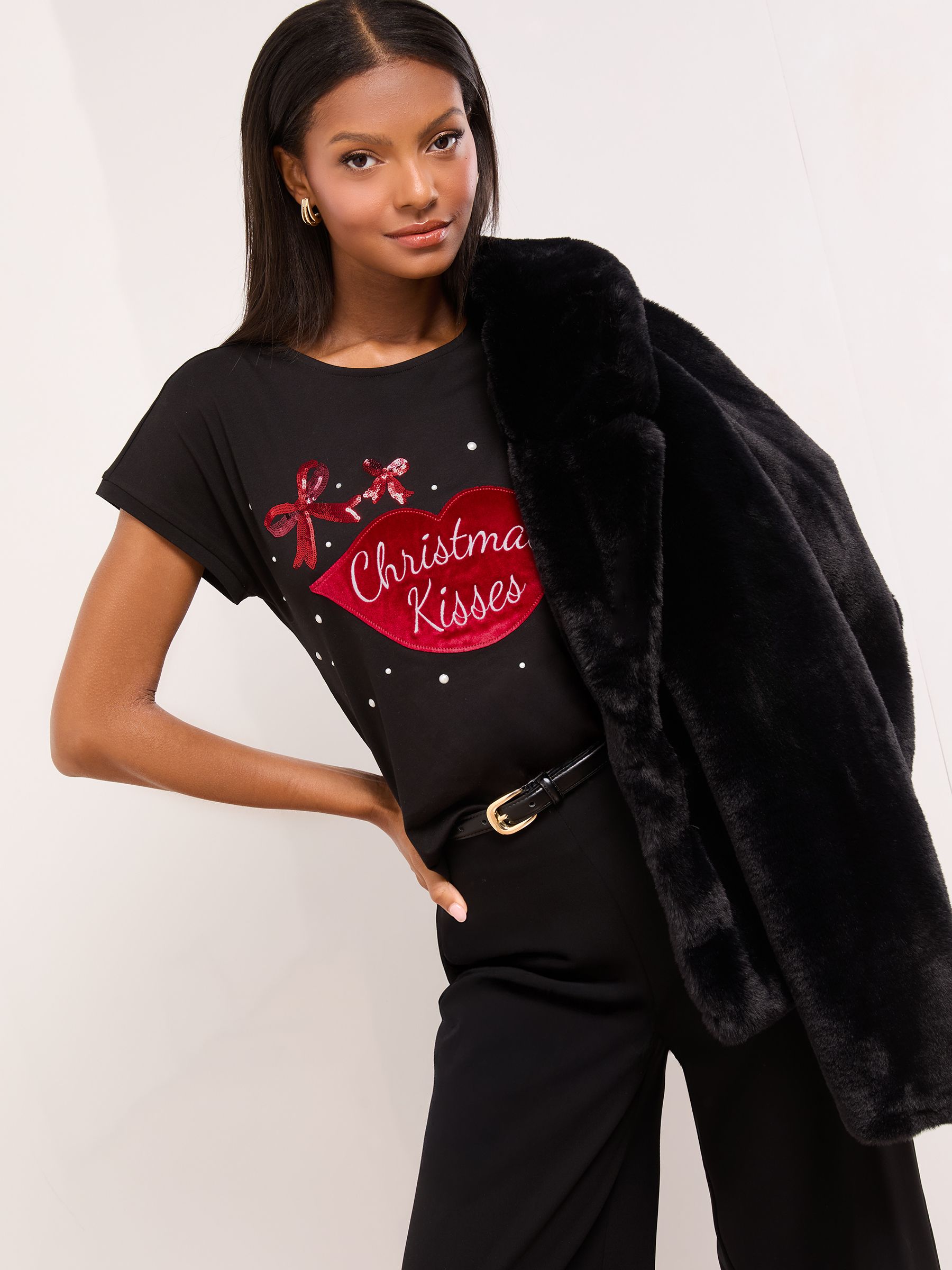 Zwarte Kerstmis kusjes - Lipsy T-shirt met ronde hals