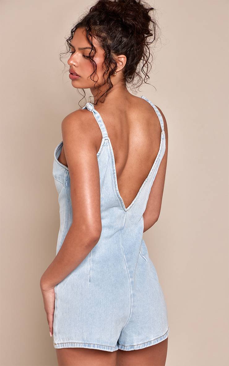 Bleu Clair Combinaison-short En Denim À Bretelles Nouées