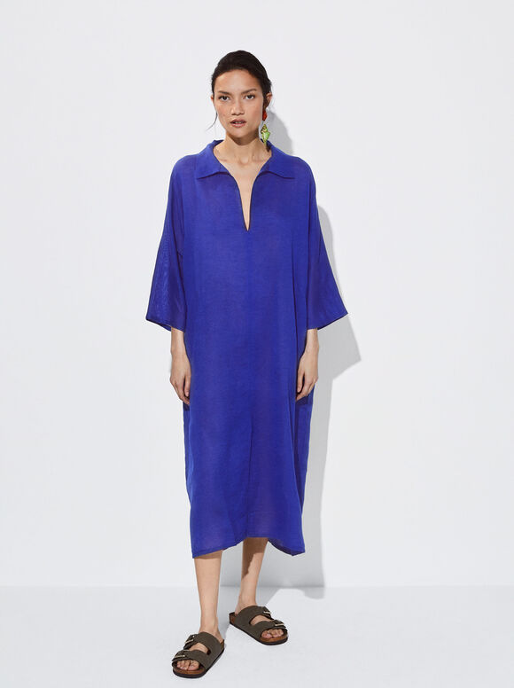 Caftan de Linho Bordado - Azul