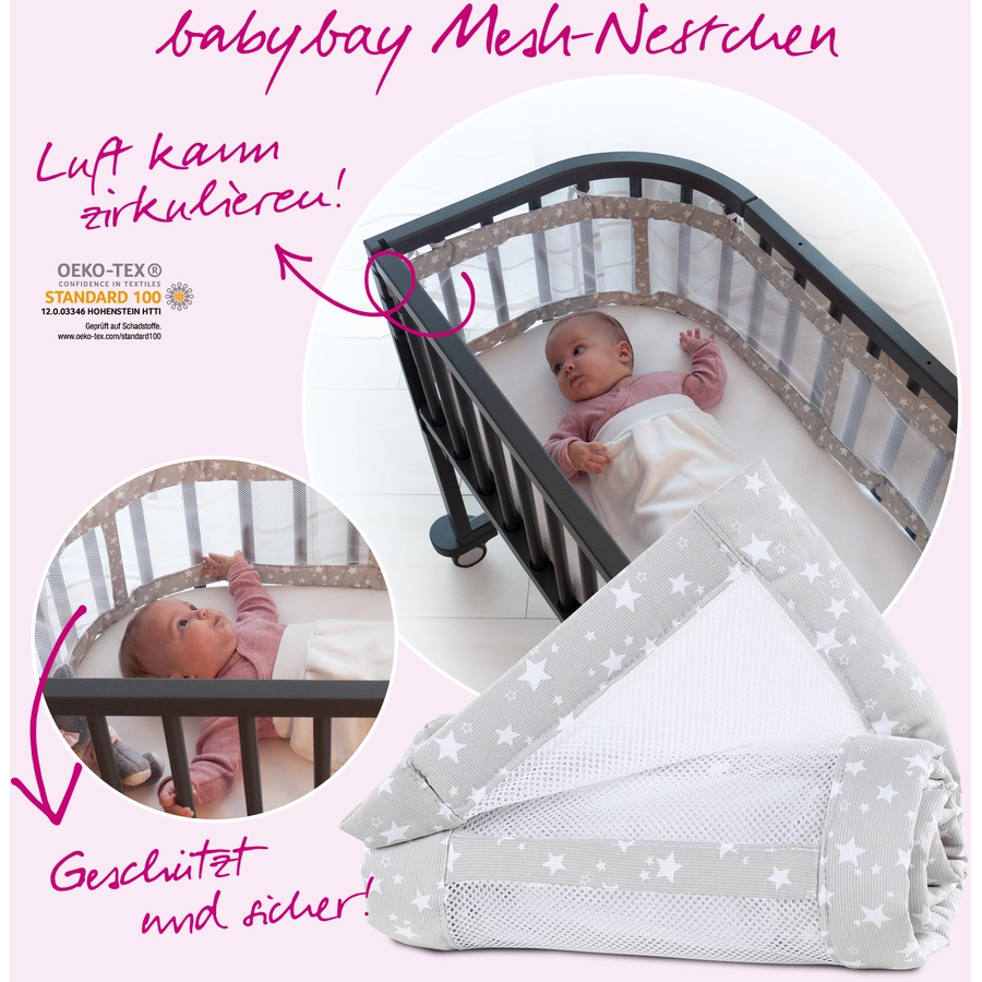babybay® Nestchen Mesh-Piqué für Maxi, Boxspring und Comfort perlgrau Sterne 168x24 cm