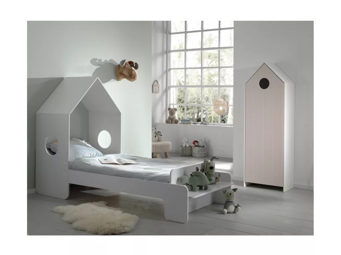 HAVRE - Pack Lit Cabane 90x200cm + Armoire Rose