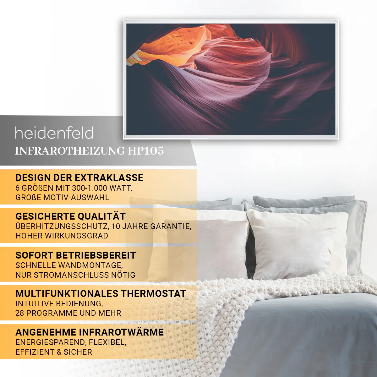 Heidenfeld Infrarotheizung HF-HP105, mit Bild, 16 Motive, 10 J. Garantie, Thermostat, Wandmontage (800 Watt, Bergsee)