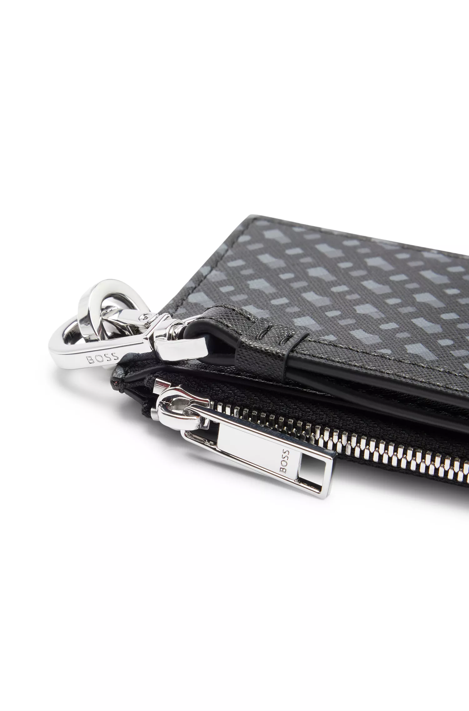 Porta-cartões BOSS preto com zíper e detalhes de monograma.