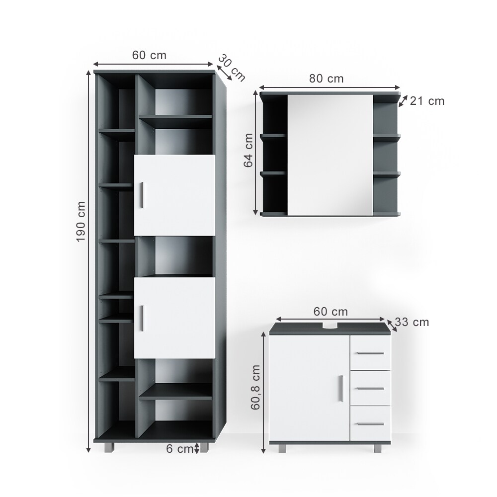 VICCO Badmöbel Set ILIAS Weiß Anthrazit Spiegel Kommode Unterschrank Badschrank