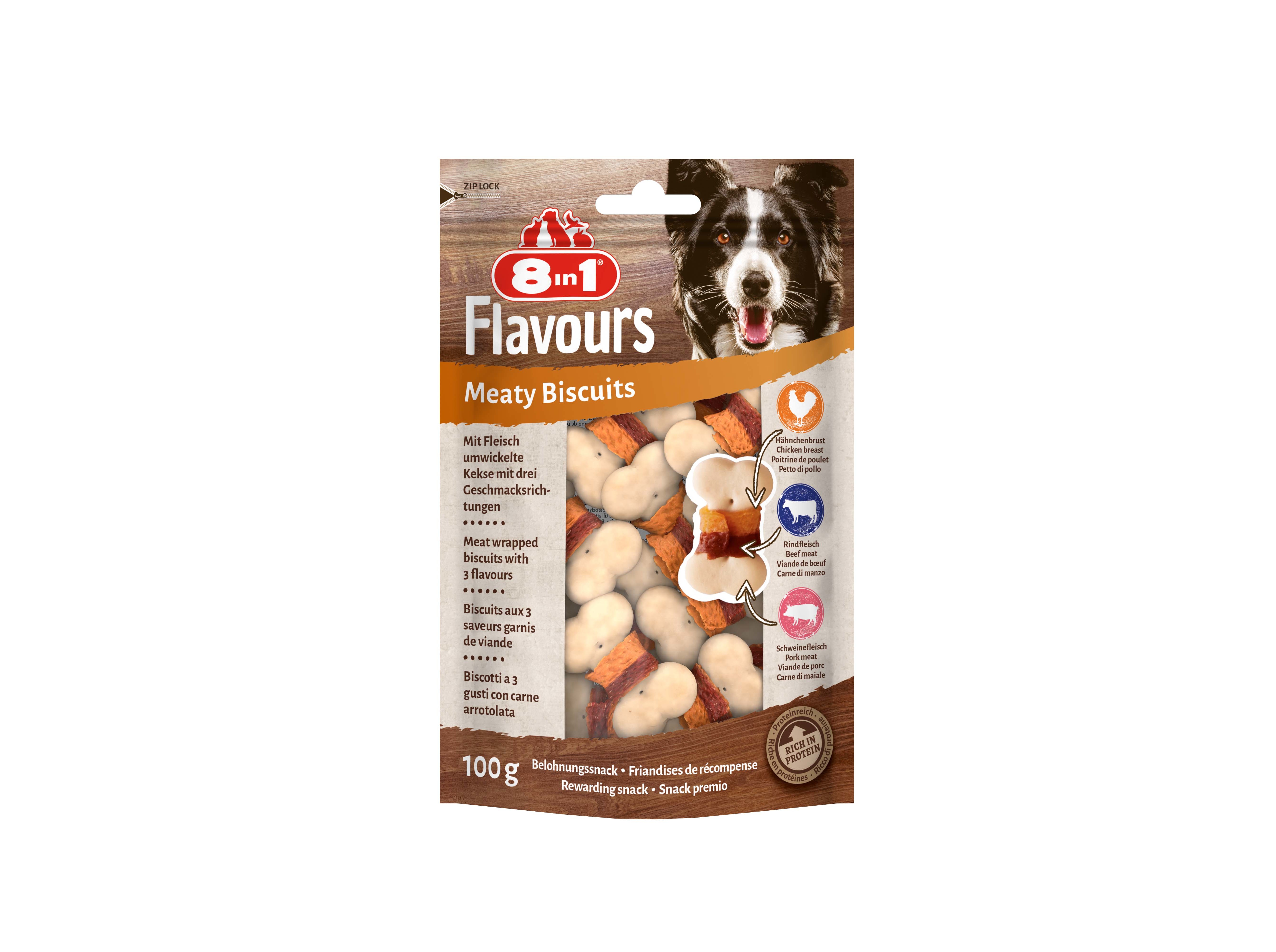 SNACKS CÃO 8IN1 MEATY BISCUITS 100G