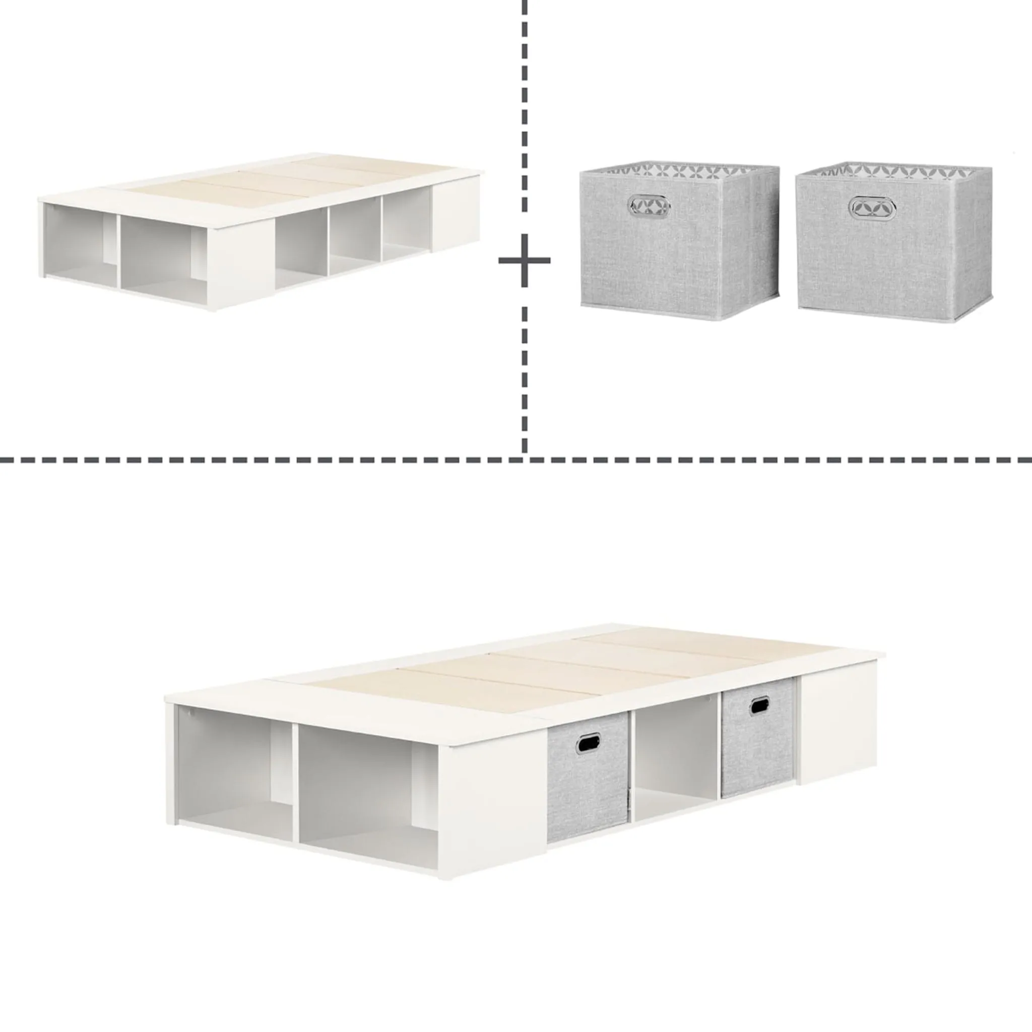 South Shore Lit Plateforme Simple avec Paniers Flexible - Blanc Solide