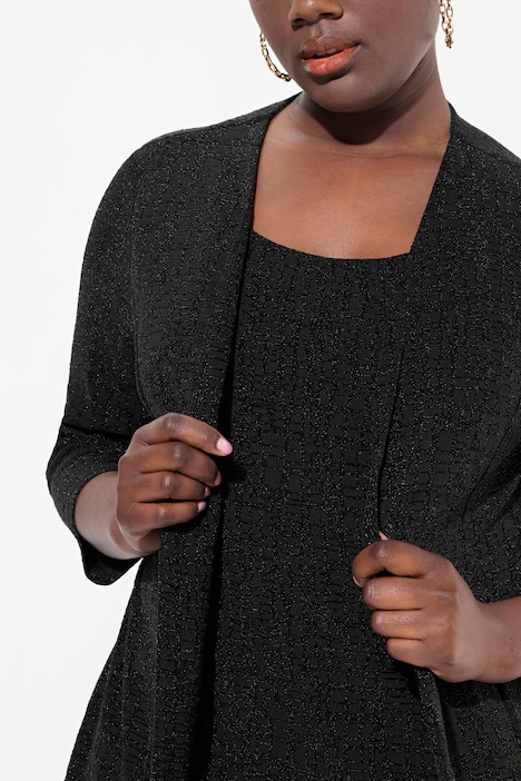 2-in-1-Blusenshirt, Glitzer, V-Ausschnitt, 3/4-Arm