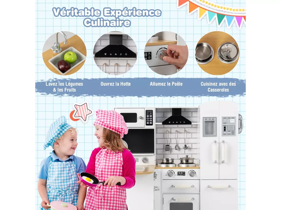 Cuisine d’Angle Enfants avec Réfrigérateur Latéral, Cuisinière de Jeu en Bois avec Machine à Laver, Téléphone Simulé, Ustensiles de Cuisine, Jouet d’Imitation pour Tout-Petits de 3 Ans+