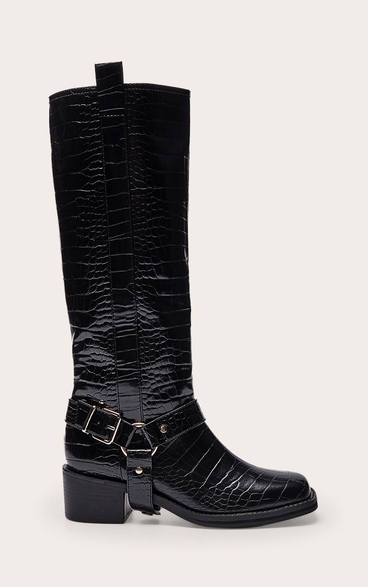 Noir Effet Croco Bottes Hautes À Détails Boucles Effet Croco Verni