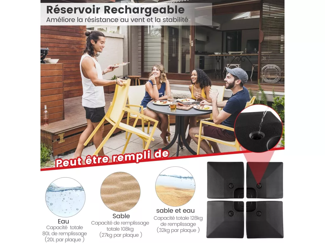 Lot de 4 Dalle Parasol Déporté, Lestage Poids Parasol Carré en HDPE à Remplir 20L d'eau ou 27Kg de Sable, Base pour Parasol avec Poignée, Rond, Protection UV, 102 x 102 x 12 cm