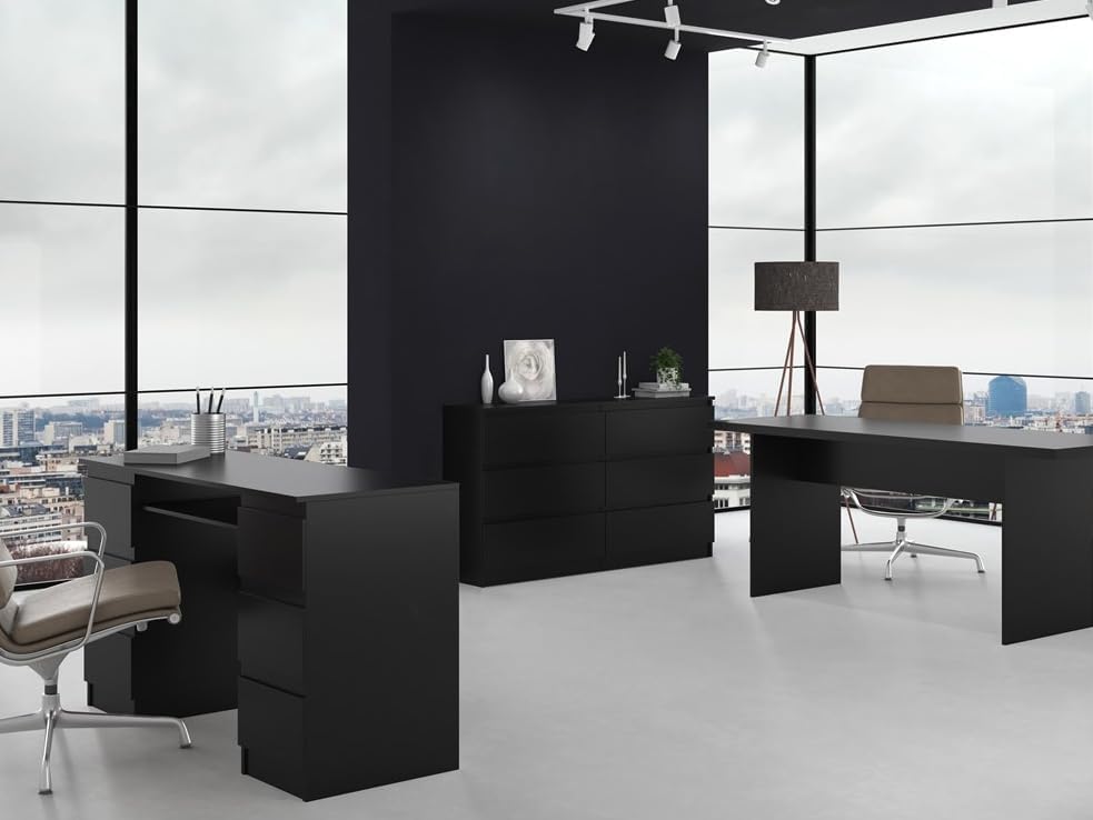 BDW - Kommode 140, Malwa M6 - Highboard 6 Schubladen - 140 cm - Für Wohnzimmer, Schlafzimmer oder Büro - Schlichtes und minimalistisches Design - Schwarz