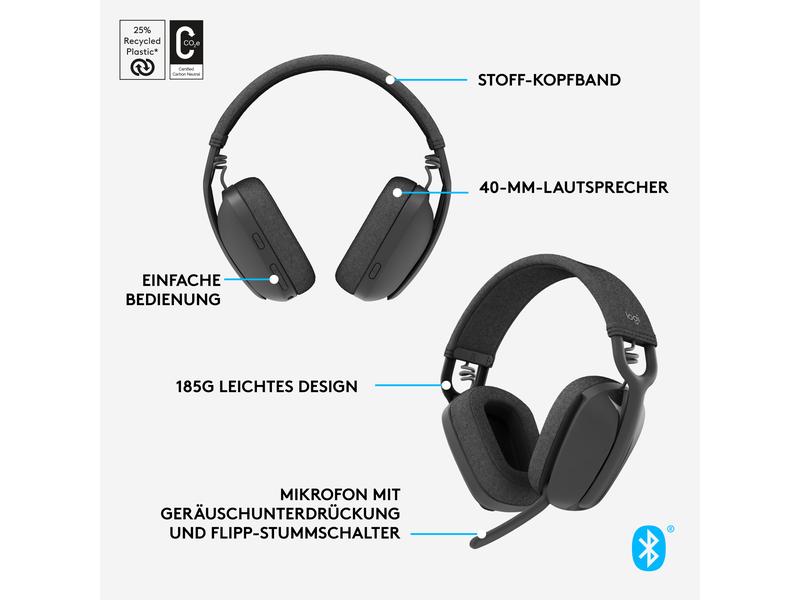 Logitech Headset Zone Vibe 100 Graphite Kabelloses Office-Headset mit leichtem und komfortablem Design