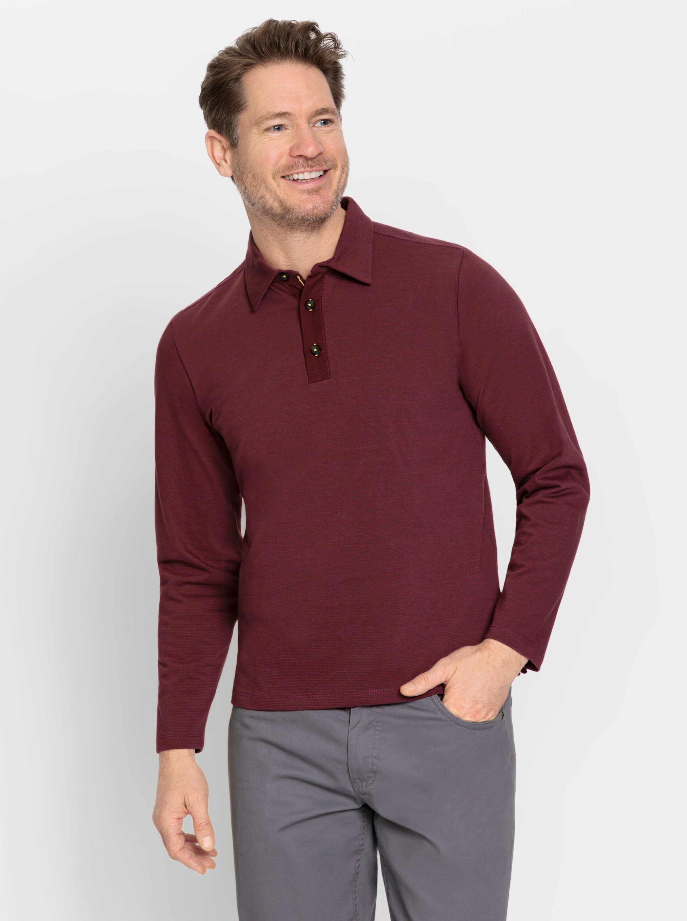 Marco Donati Langarm-Poloshirt in bordeaux-geringelt