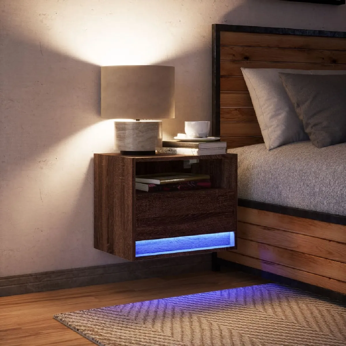 vidaXL Table de chevet murale avec LED chêne marron