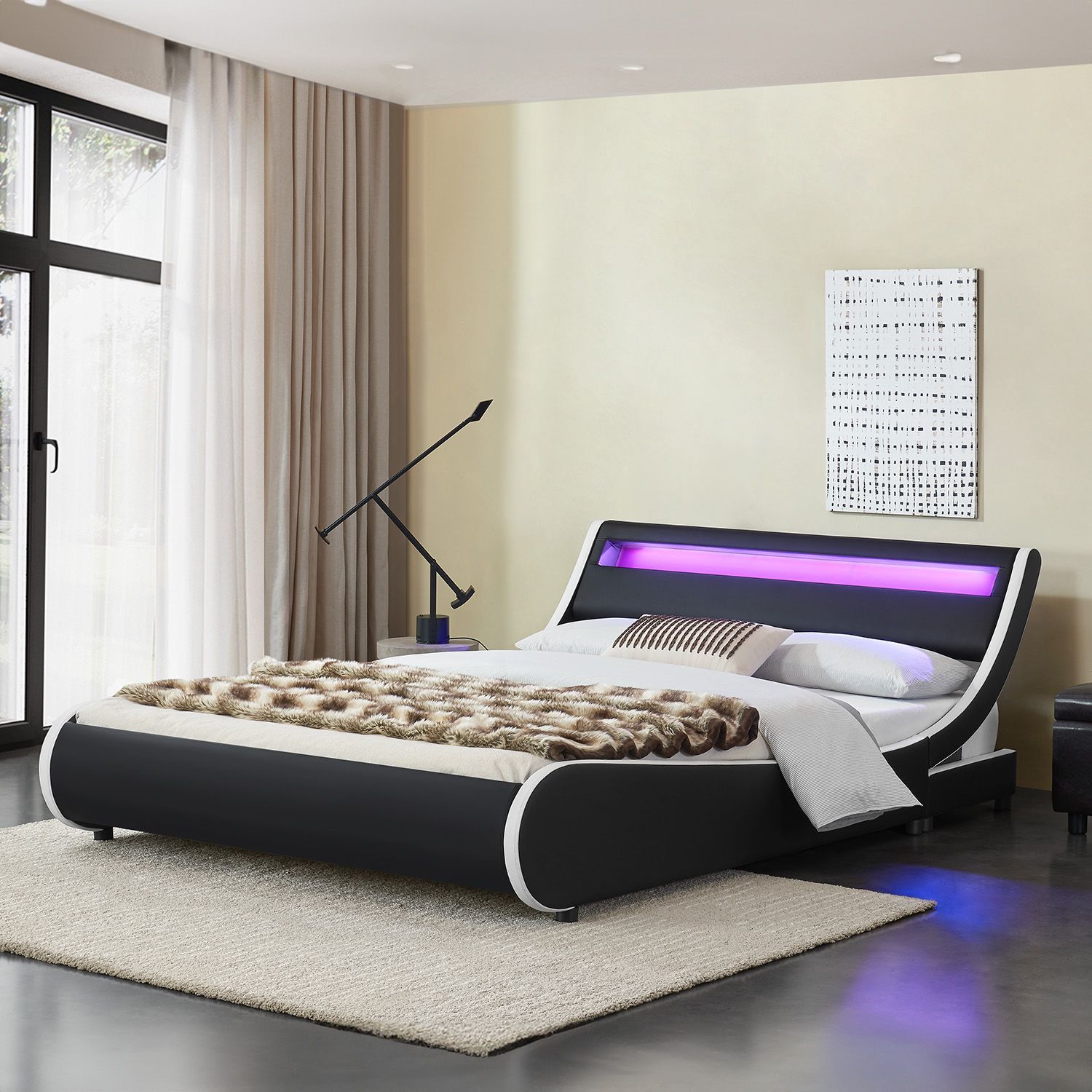 Juskys Polsterbett Bett Valencia 180 x 200 cm schwarz mit Kaltschaummatratze Doppelbett mit LED