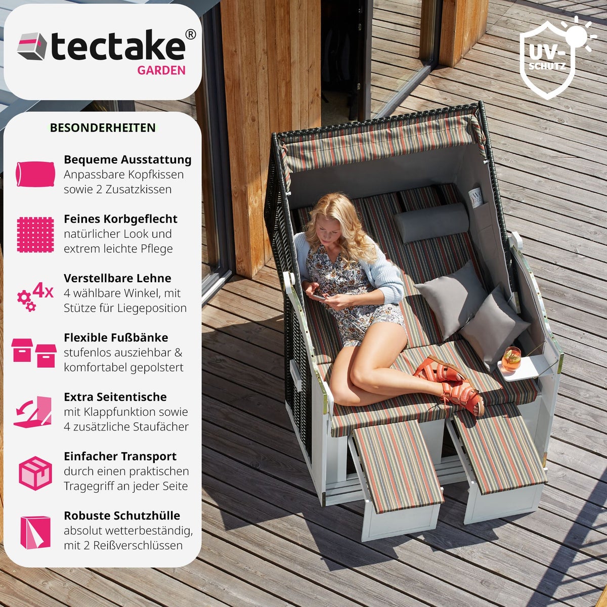 tectake Sylt gestoffeerde strandstoel met uitschuifbare voetensteun, 115 x 158 x 78 cm