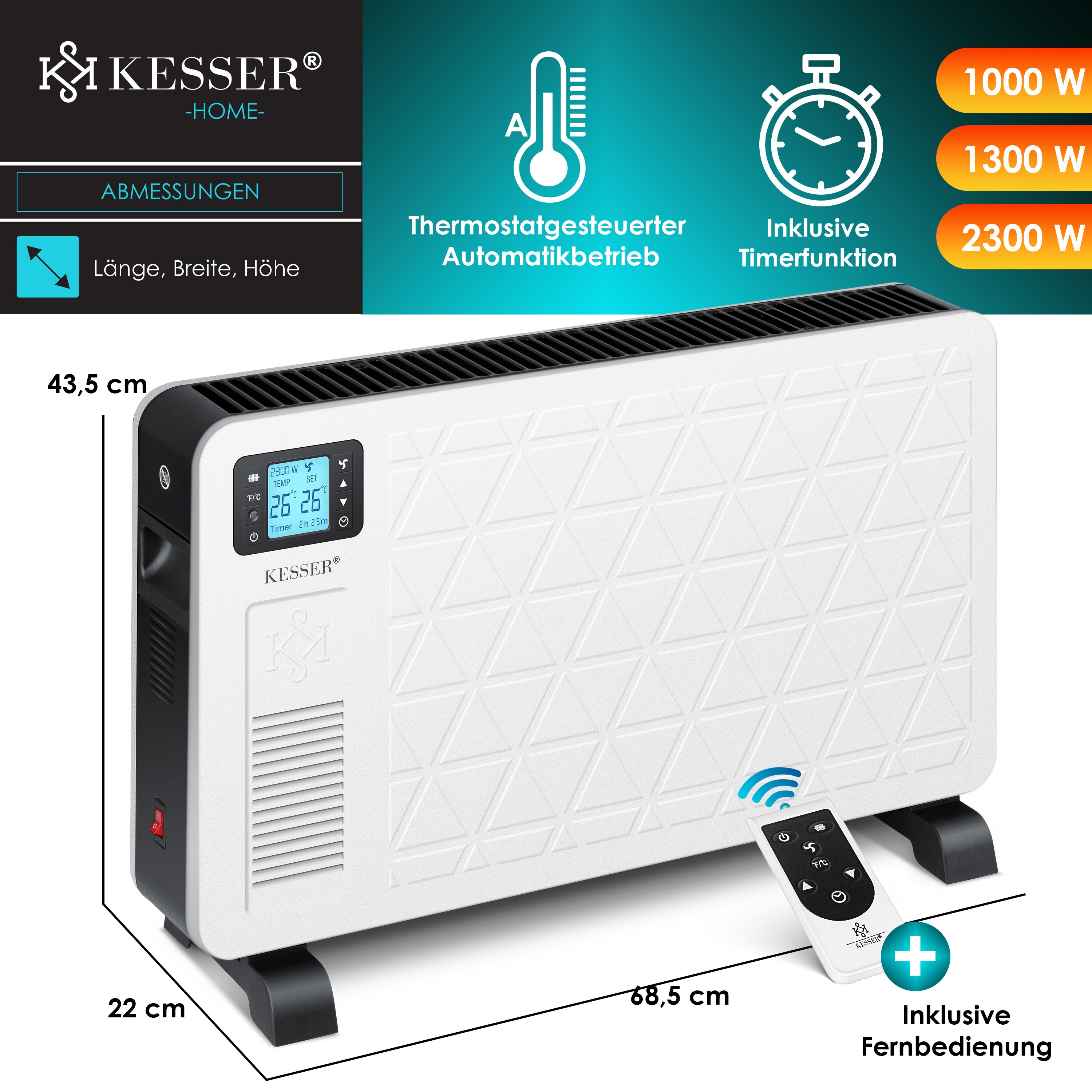 KESSER® Konvektor Premium 3 leistungsstarke Heizstufen Inkl. Fernbedienung integriertes Thermostat Elektroheizung LCD-Display Timer mobiles Heizgerät Energiesparend Überhitzungsschutz