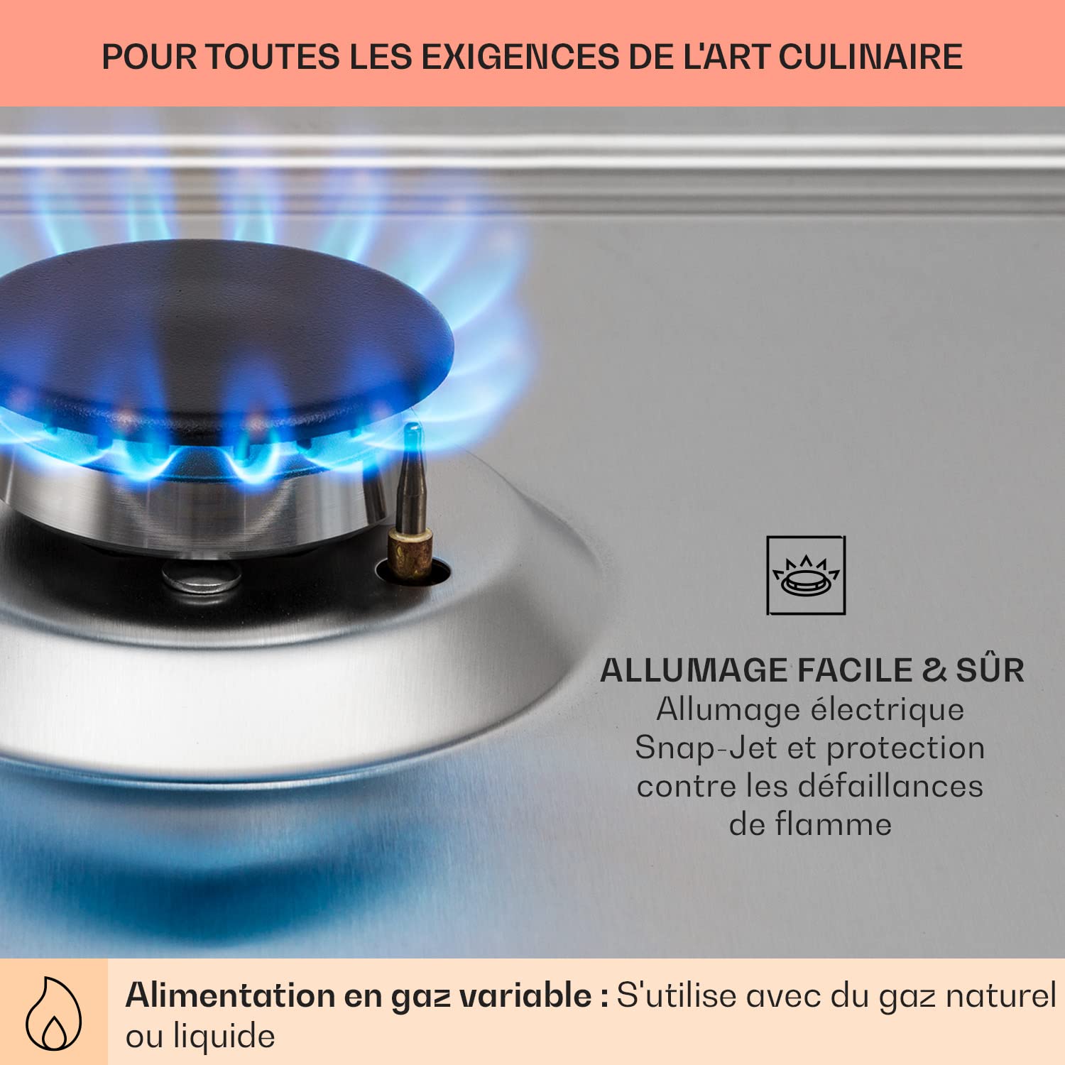 Klarstein Tables de Cuisson à Gaz, Plaque de Cuisson , Encastrable à 5 Feux de 11100W, Cuisiniere Gaz, Gaziniere avec Brûleurs en Acier Inoxydable, Cu