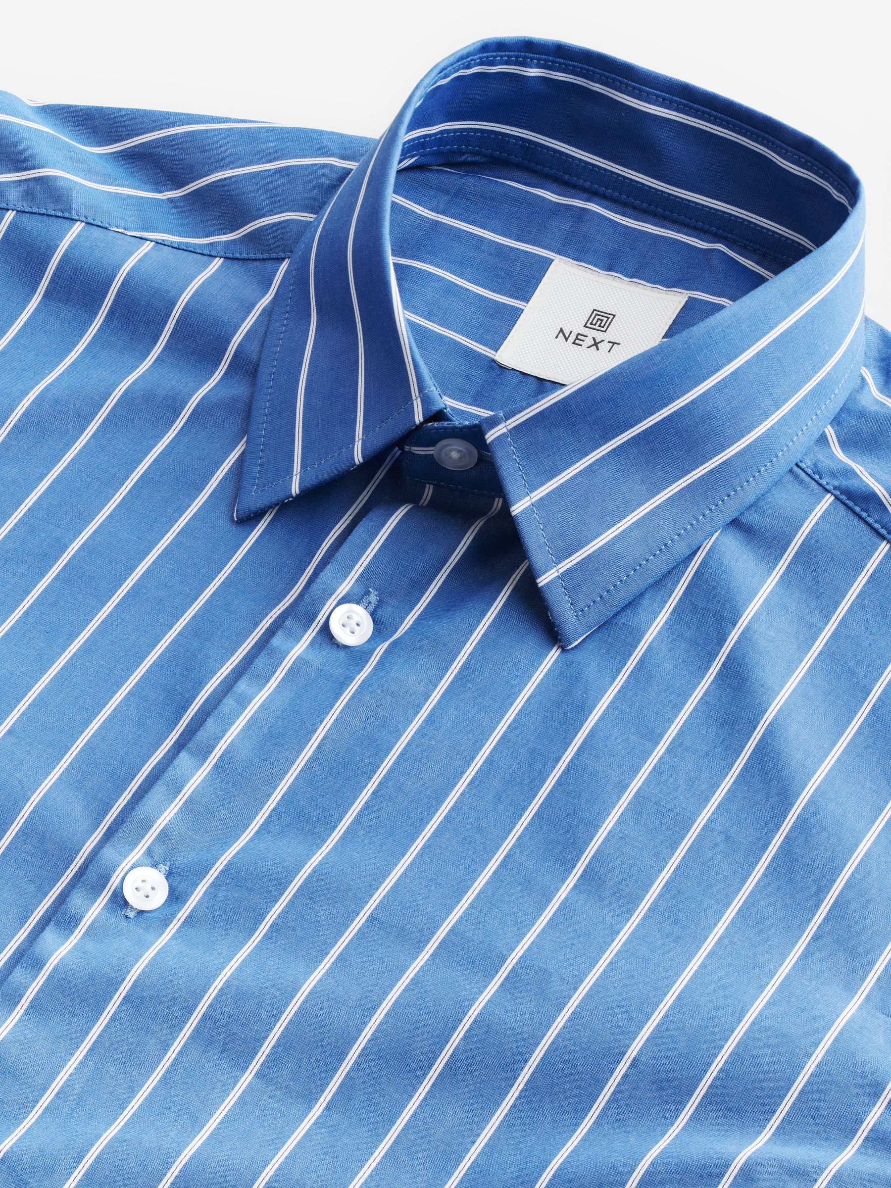 Kobaltblauw - Gestreept slim-fit overhemd van 100% katoen met enkele manchetten en lange mouwen