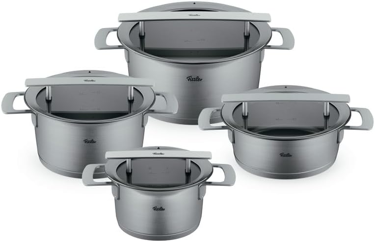 Fissler Phi Collection/Edelstahl-Topfset,4-teilig, Töpfe mit Glas-Deckel (3 Kochtöpfe, 1 Bratentopf) – Induktion