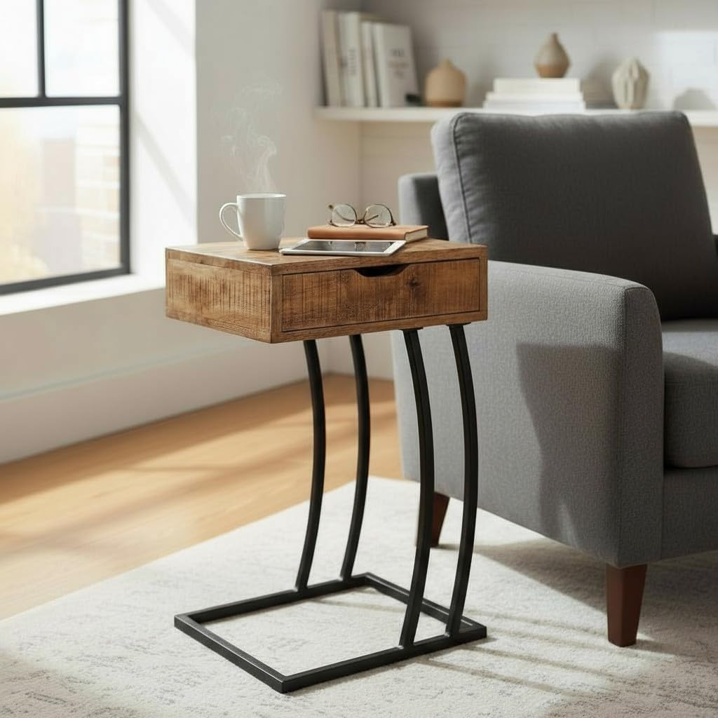 Gall & Zick Beistelltisch aus massivem Mangoholz – eleganter Laptop‑Tisch mit Schublade, ca.66×38×30cm