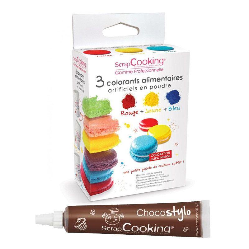 3 colorants alimentaires en poudre jaune-rouge-bleu + 1 Stylo chocolat
