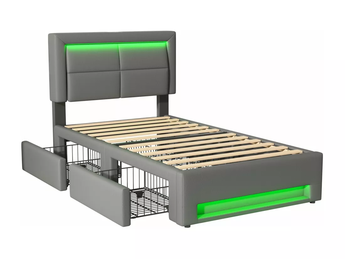 Lit rembourré 90x190 cm, avec port USB (supporte le chargement sans fil et filaire), avec éclairage LED et quatre tiroirs, PU-Litschi, gris