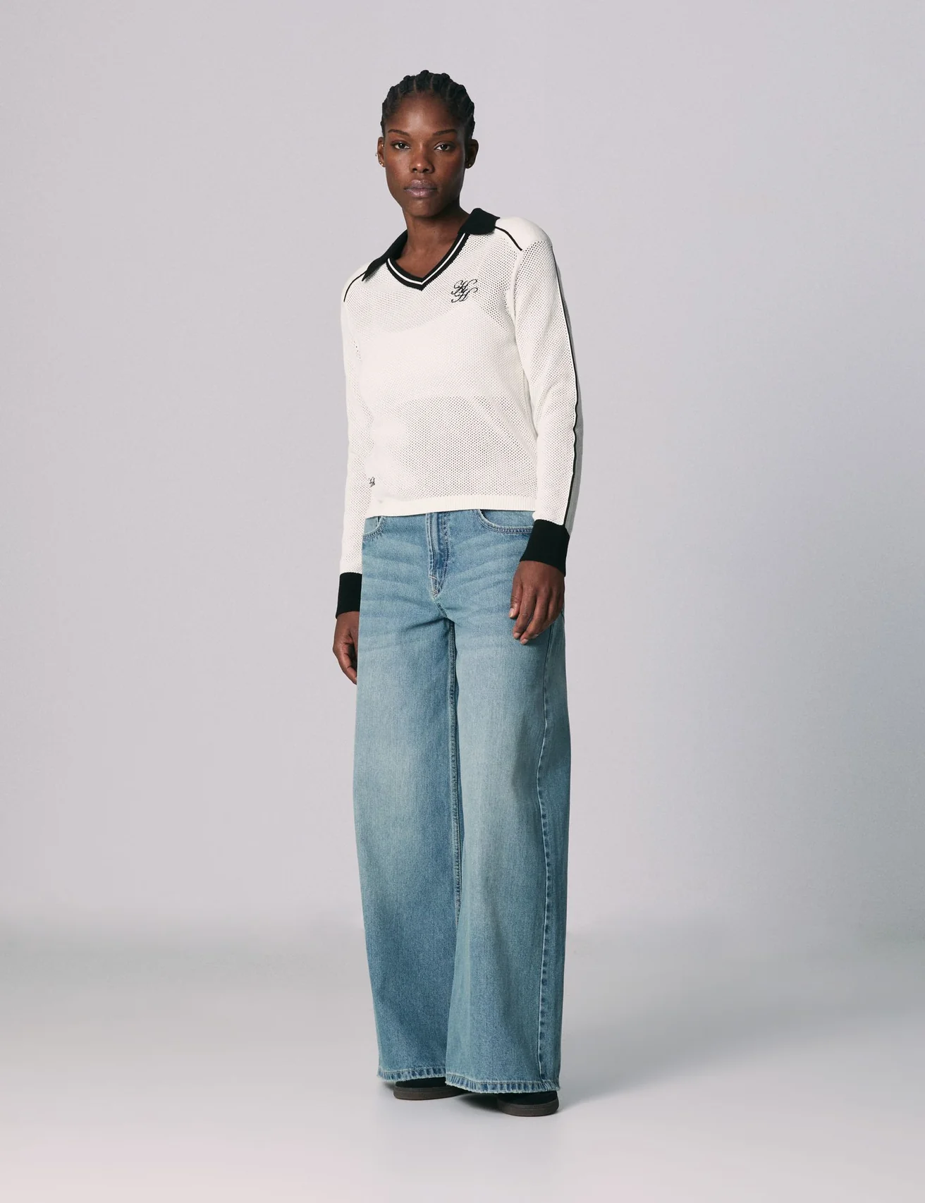 Pull polo à crochet écru