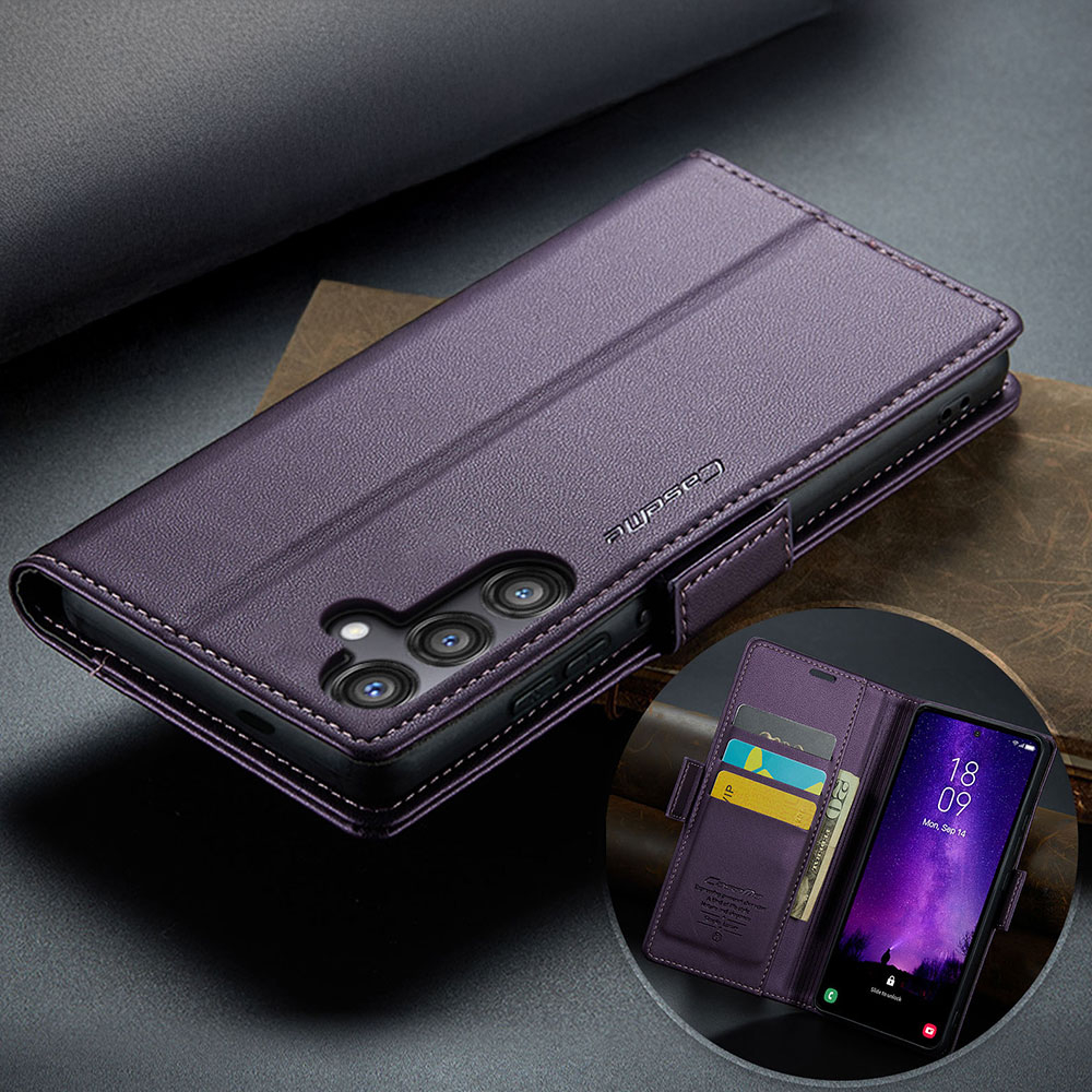 Samsung Galaxy S24 FE Leder Tasche Flip Wallet Etui mit Kartenfächern Litchi Look (RFID Schutz) - Violett