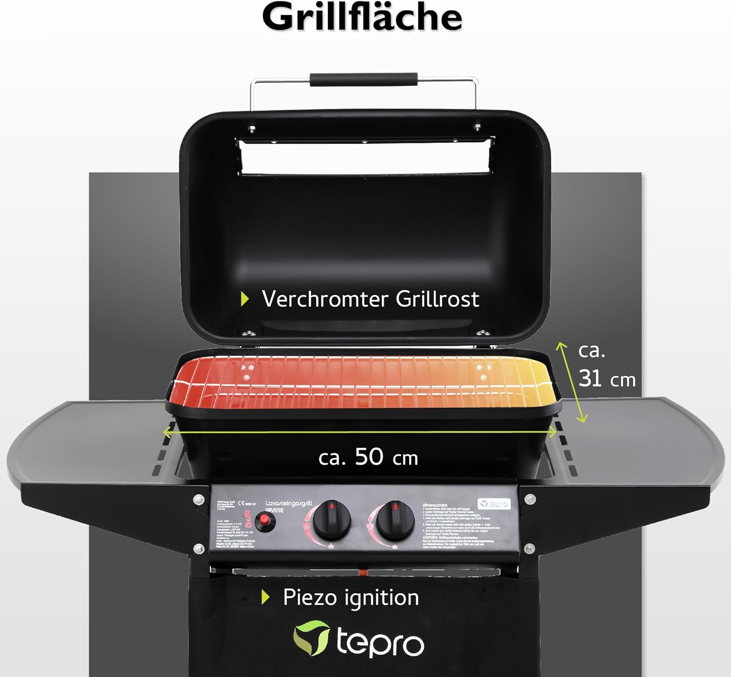 tepro Lavastein Gasgrill Irvine mit max. 5,4 kW Leistung, Edelstahl-Doppelbrenner, inklusive Lavasteine, Piezozündung im Drehregler, Grillwagen mit Rädern, Maße ca. 94 x 51 x 102 cm, Schwarz