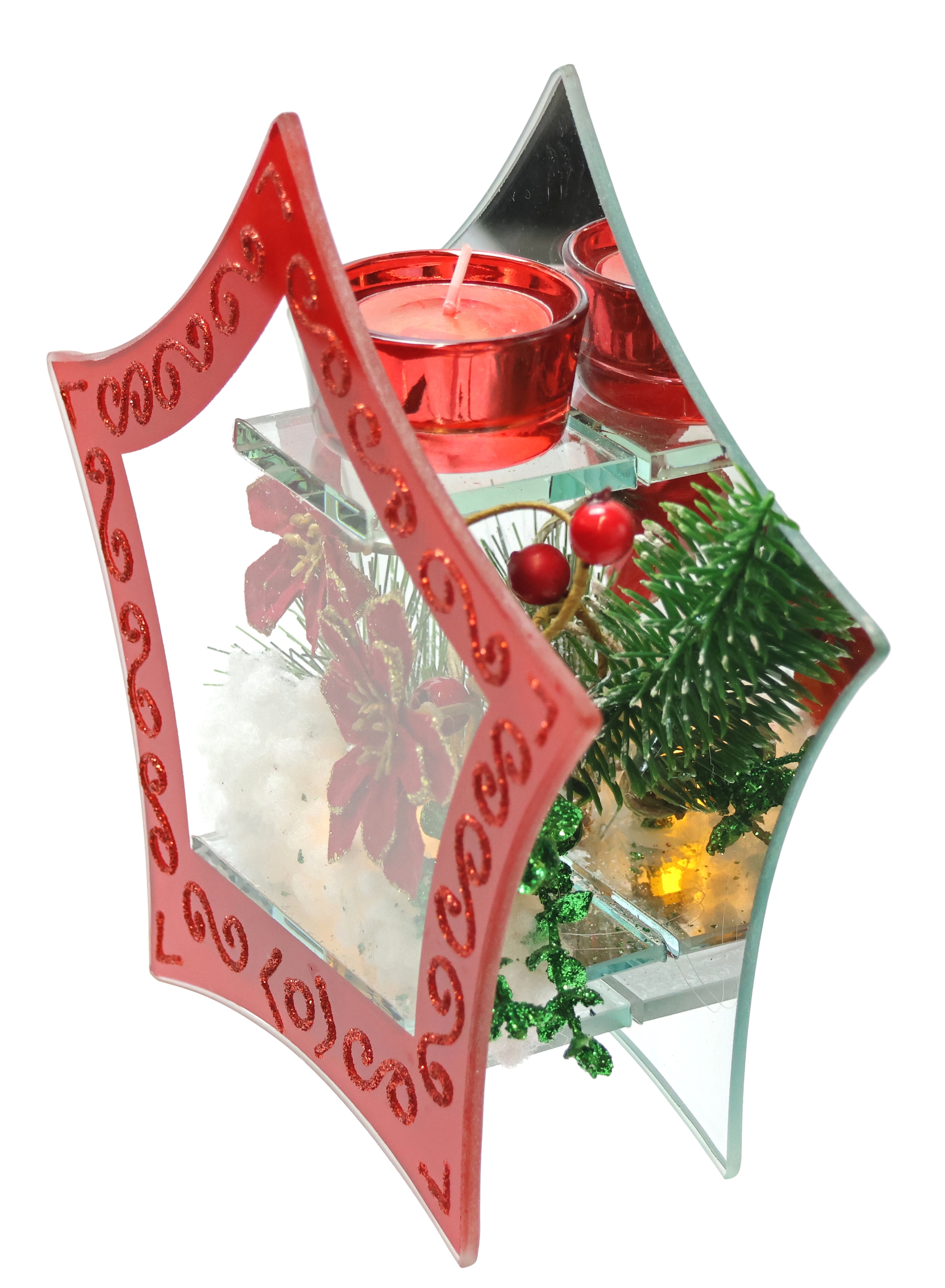 I.GE.A. Teelichthalter »Deko-Objekt mit LED Licht und Teelichtkerze« Mit Christstern Beeren Tanne Kunstschnee Weihnachtsdeko Dekoobjekt